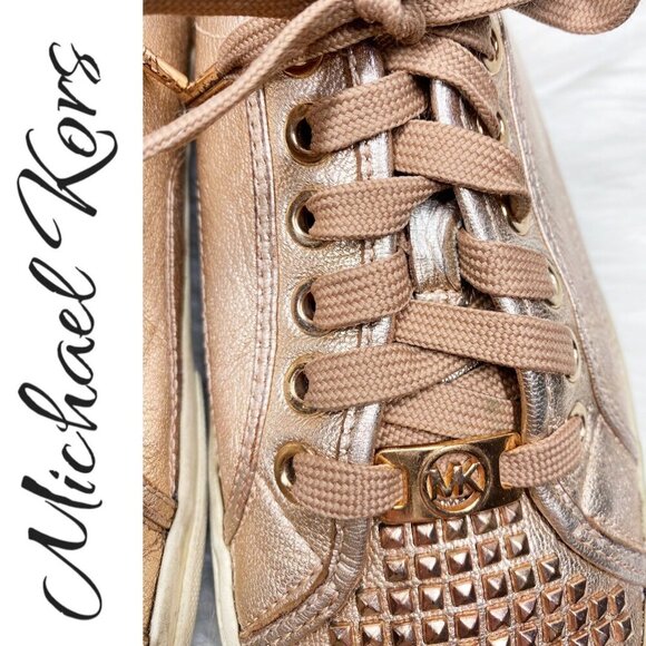 MICHAEL KORS ROSE GOLD METALLIC STUDDED LOW TOP LEATHER SNEAKERS, SIZE 6.5 - Picture 11 of 12